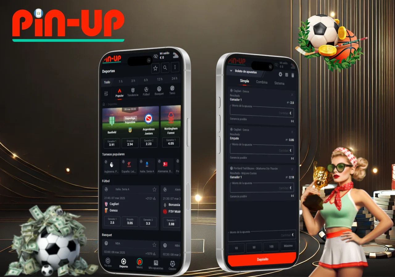 Pantalla de la aplicación mostrando diferentes opciones de apuestas deportivas y juegos de casino