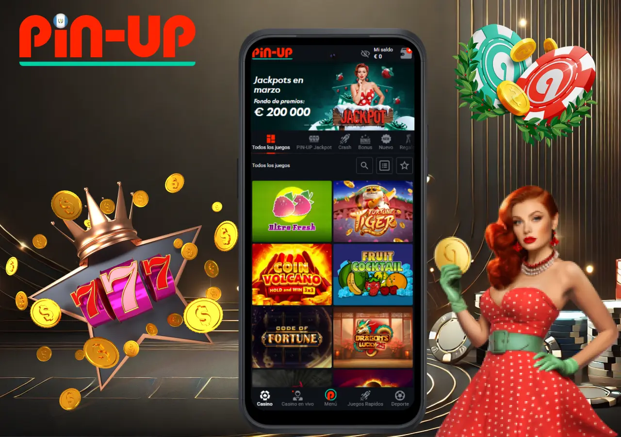aplicación Pin-Up Casino con juegos de tragamonedas y opciones de apuesta en vivo